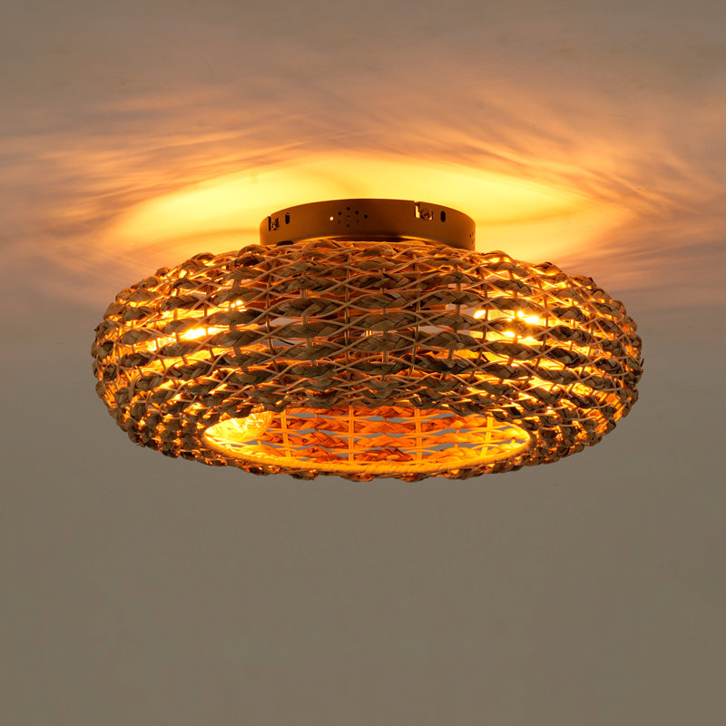 20" Rattan-Inspired Flush Mount Ceiling Fan with Remote Control for Boho and Coastal Interiors
