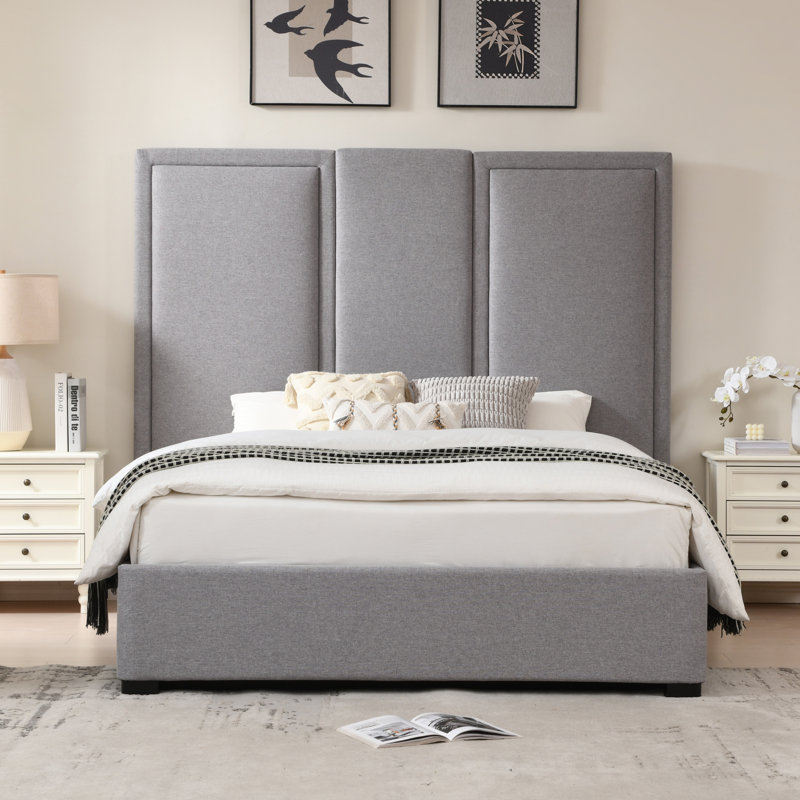Lit de rangement rembourré avec tête de lit surdimensionnée, Gris, Grand
