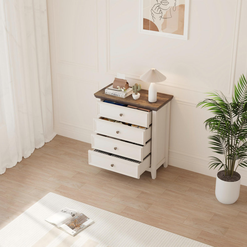 Farmhouse 4-drawer Chest - Tall Dresser With Storage For Bedroom Or Entryway, Cream
