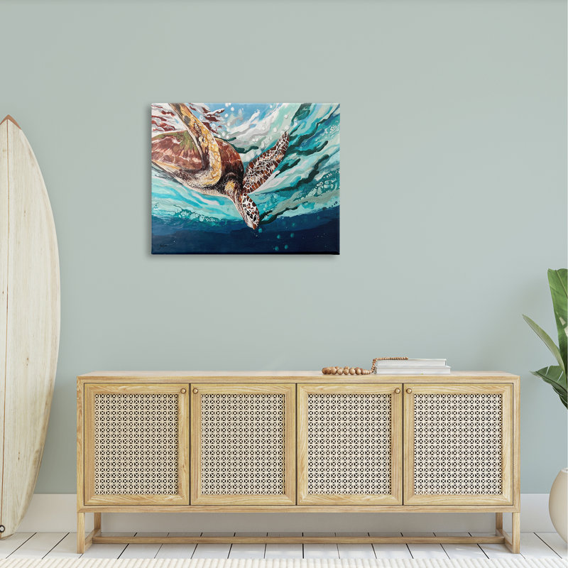 «Splashing Sea Turtle Diving Under Ocean Surface» par Stacy Gresell - Peinture, H 30 po x l 40 po x P 1,5 po, Toile tendue