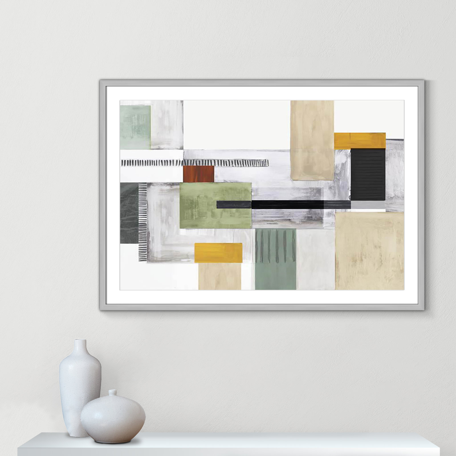 Playful Blocks Print by Tom Reeves, 29.5" H x 41.5" W x 1.25" D, Silver Box Picture Framed, White