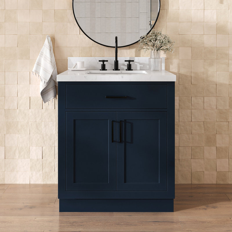 Tidworth 30'' Solid Wood Single Bathroom Vanity with 1.5'' Carrara Quartz Top, Midnight Blue / Satin Brass, Rectangular