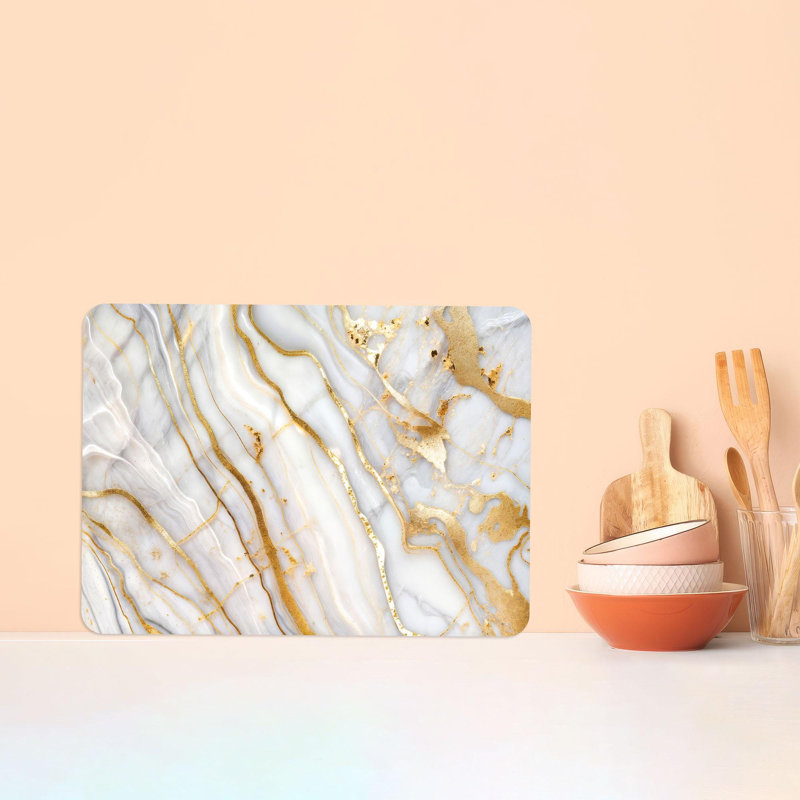 White and Gold Marble Pattern Print Glass Cutting Board Ideal for Chopping and Cheese Serving, 11" x 15"
