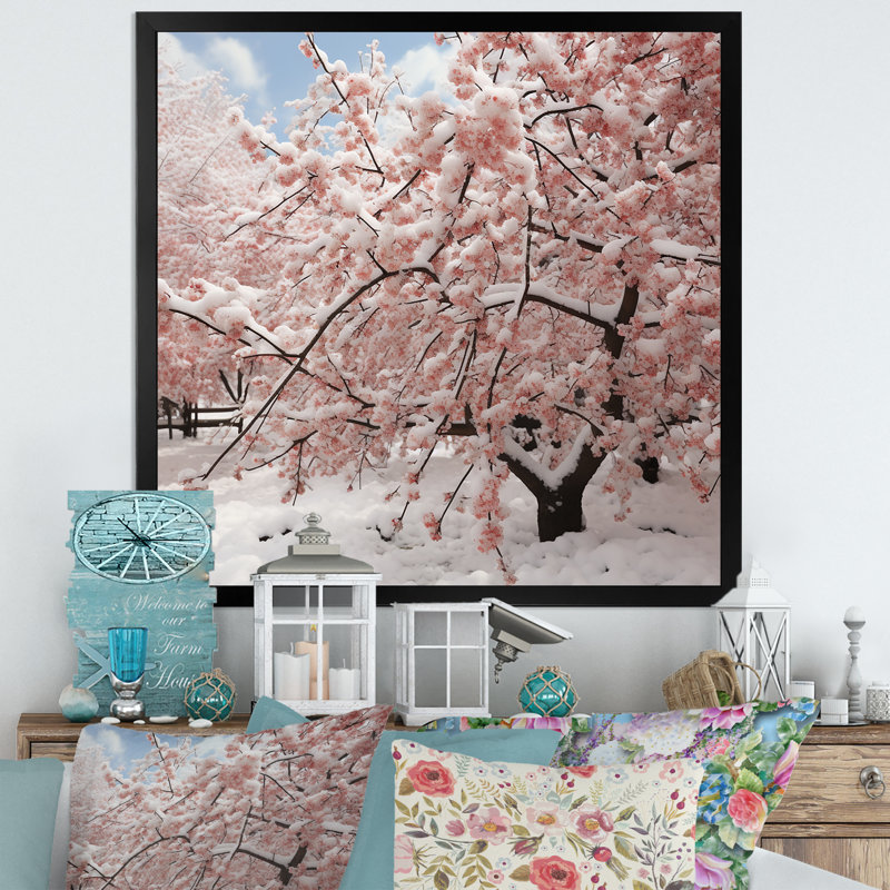 Hiver neige sur arbre de fleurs de cerisier roses - Art mural fleur de cerisier, H 30 po x l 30 po x P 1,5 po