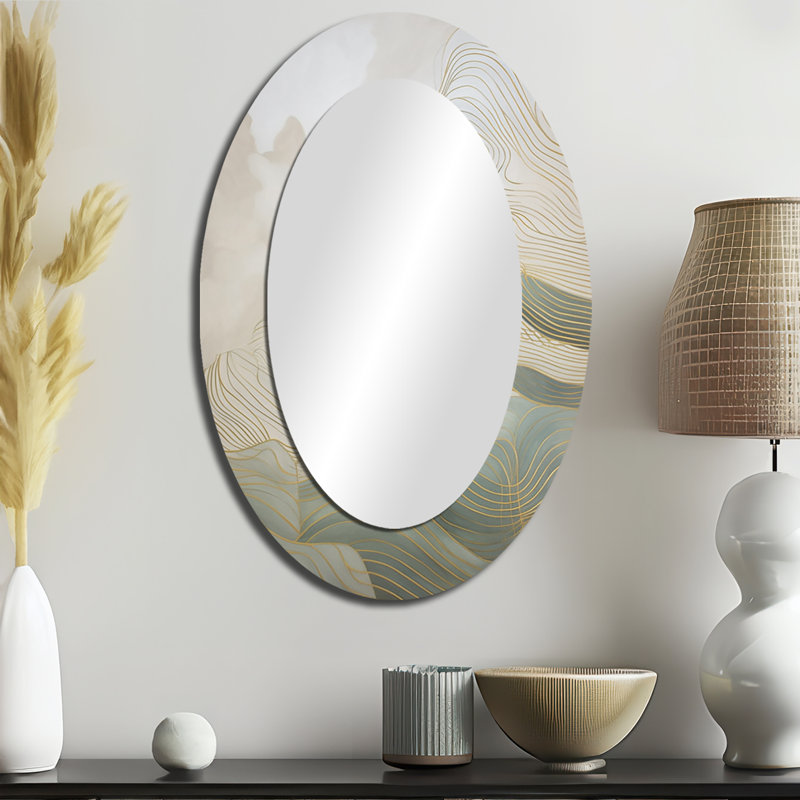 Gold And Grey Linear Expressions III - Abstract Oval Decorative Mirror On Metal, 36" x 24"