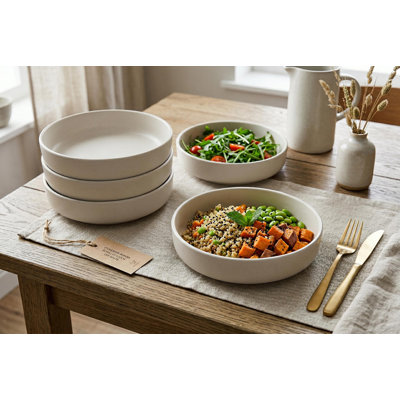 Home Dinner Bowls, Set of 4, 8.6-inch Stoneware for Pasta and Salad, Modern Stackable Design, Matte Off White