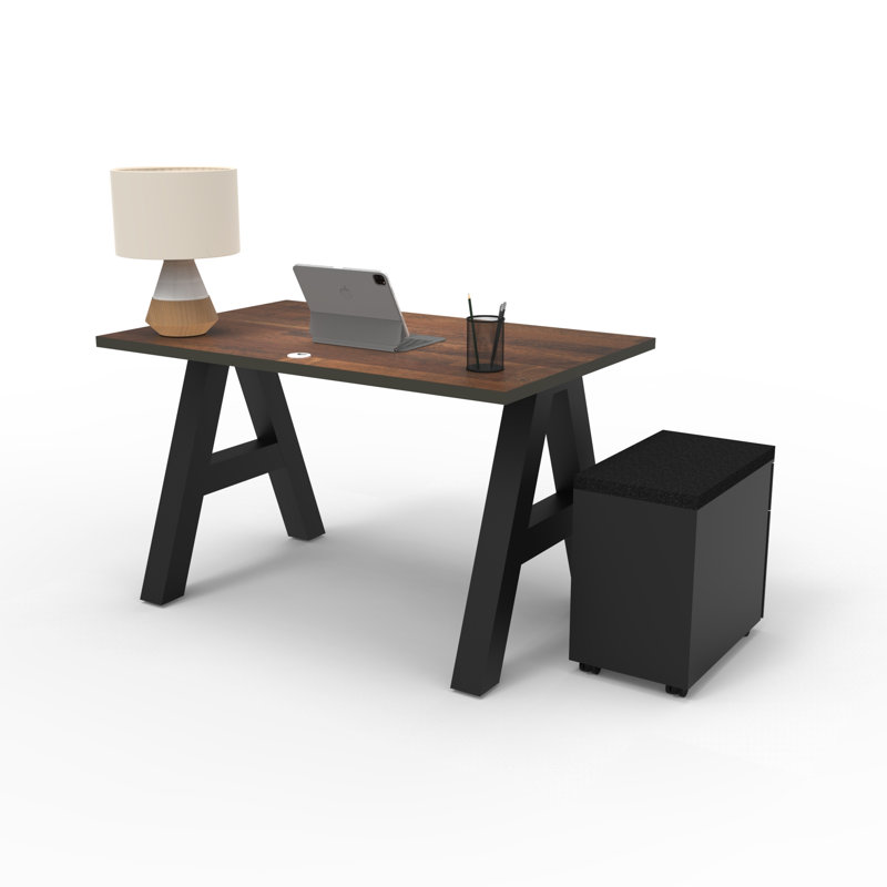 Serenity Modern A-Frame Executive Writing Office Desk, with Cushion Top Mobile Storage, 48x24, Walnut Block Top, Walnut Block