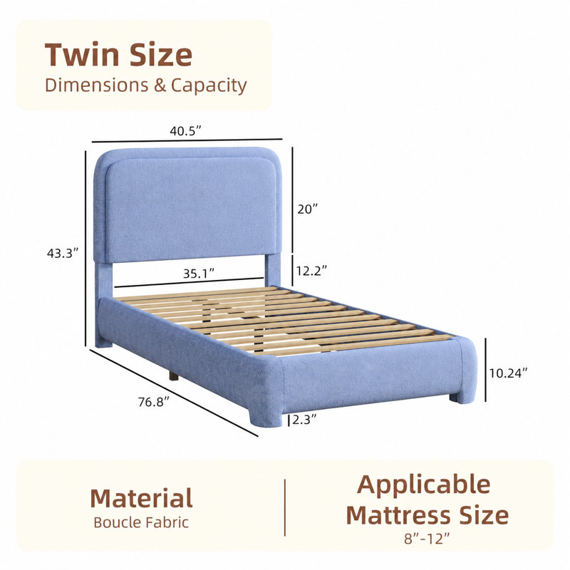 Lit plateforme tapissier Bensu Boucle, Lit simple, Bleu
