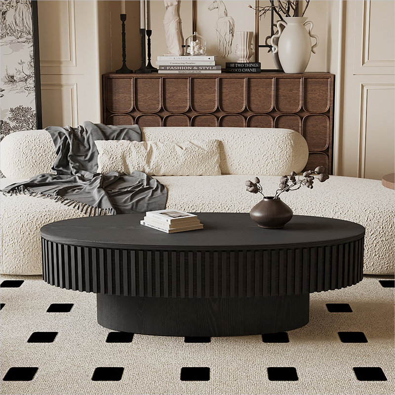 Table basse de rangement avec compartiment caché, ovale, placage de bois massif, noir de jais, 47 po