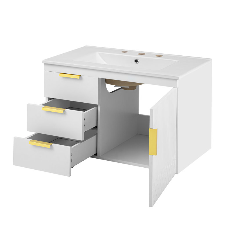Armoire de salle de bain murale 30 "avec lavabo en céramique, Blanc