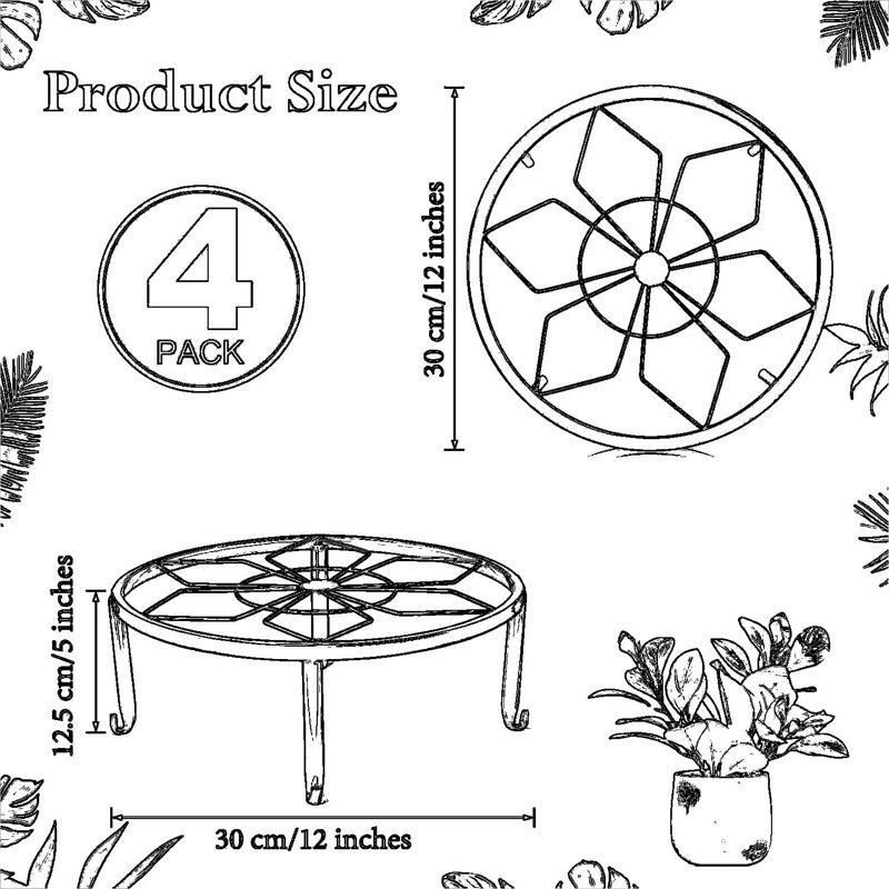 Paquet de 4 supports à plantes en métal noir de 12 pouces pour porte-pots d'intérieur et d'extérieur robustes, étagère à plantes en fer antirouille, colonnes de levage stables pour présentation de jardinières