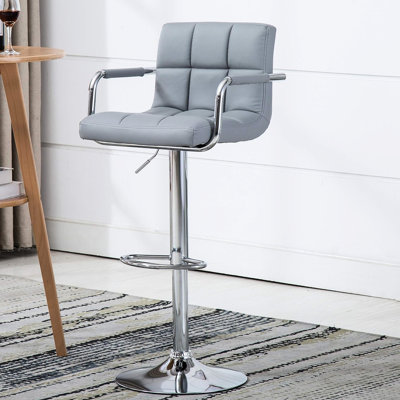 Contemporary Gray Bar Stool With Adjustable Height  24" - 33" , 360 Swivel, Padded Back And Upholstered Arm 24" 33" Height, Metal Pedestal For Durability