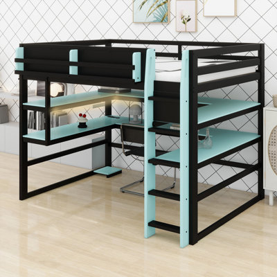 Contemporary High-Rise Bed Frame with Combo Study Area, Side Mount Rack, Versatile Storage Shelves, and Programmable LED Effects