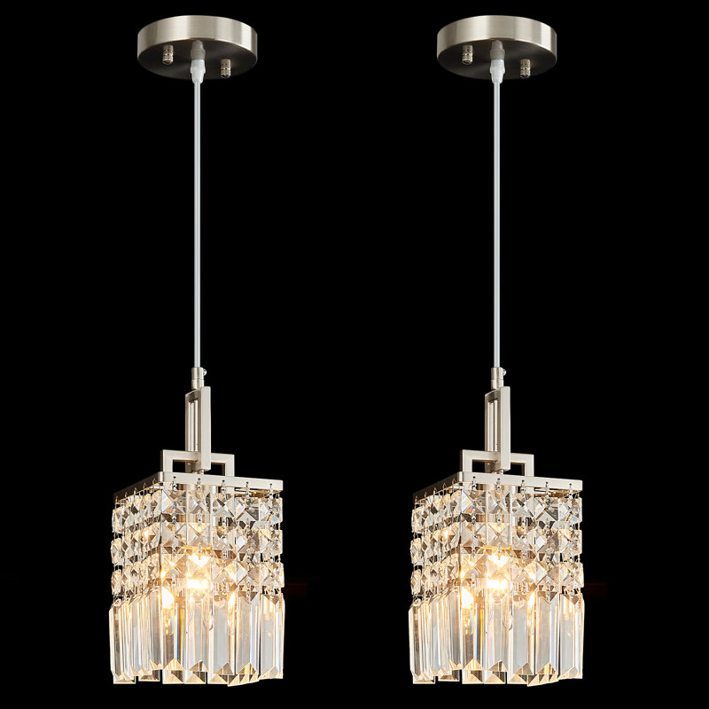 2-Pack Modern Crystal Square Black Pendant Light, Adjustable Farmhouse Hanging Lamp for Kitchen Island, Dining Room, Bedroom