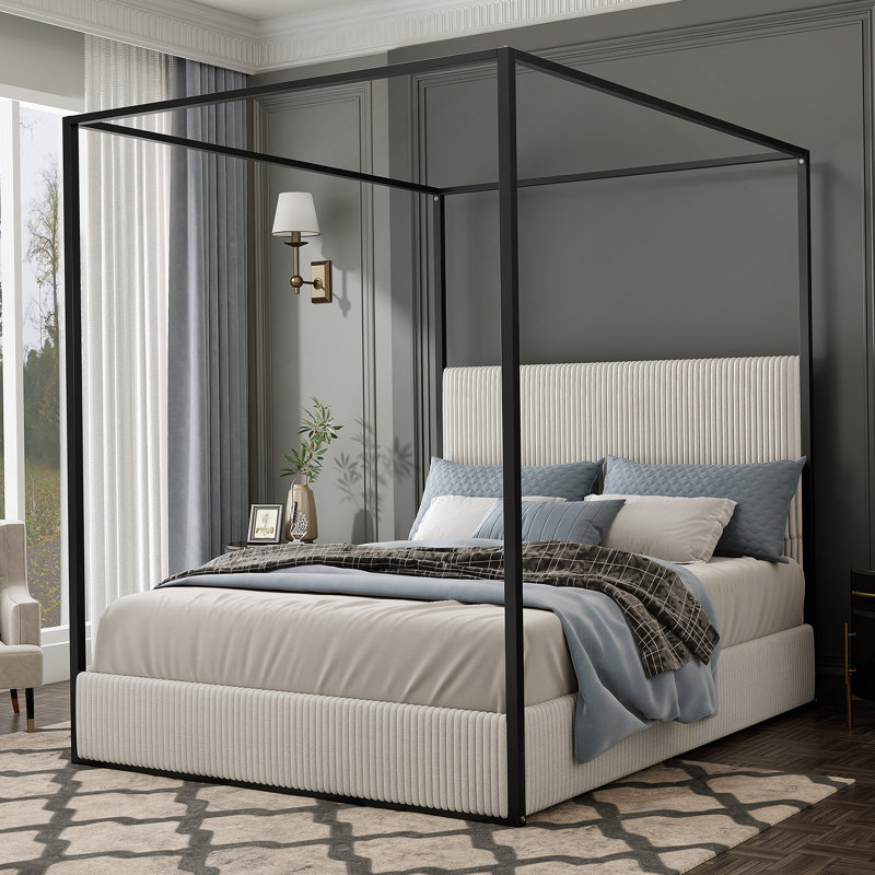 Modern Luxury Metal Canopy Bed With Tall Upholstered Headboard And Four Poster, No Box Spring Needed, King, White, King