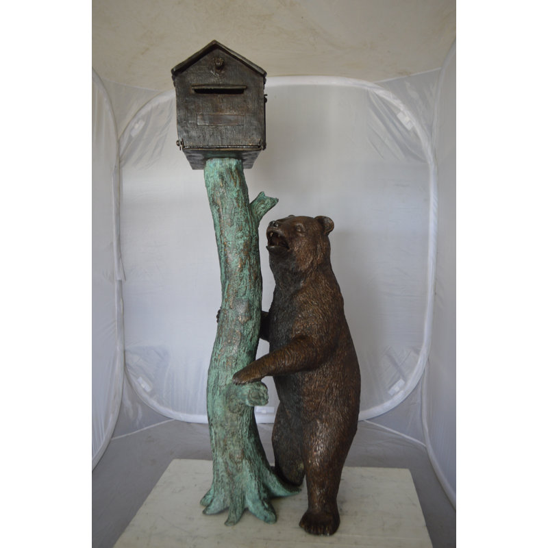 Bear beside a Tree with Mailbox Bronze Statue -  Size: 19"L x 20"W x 50"H. 