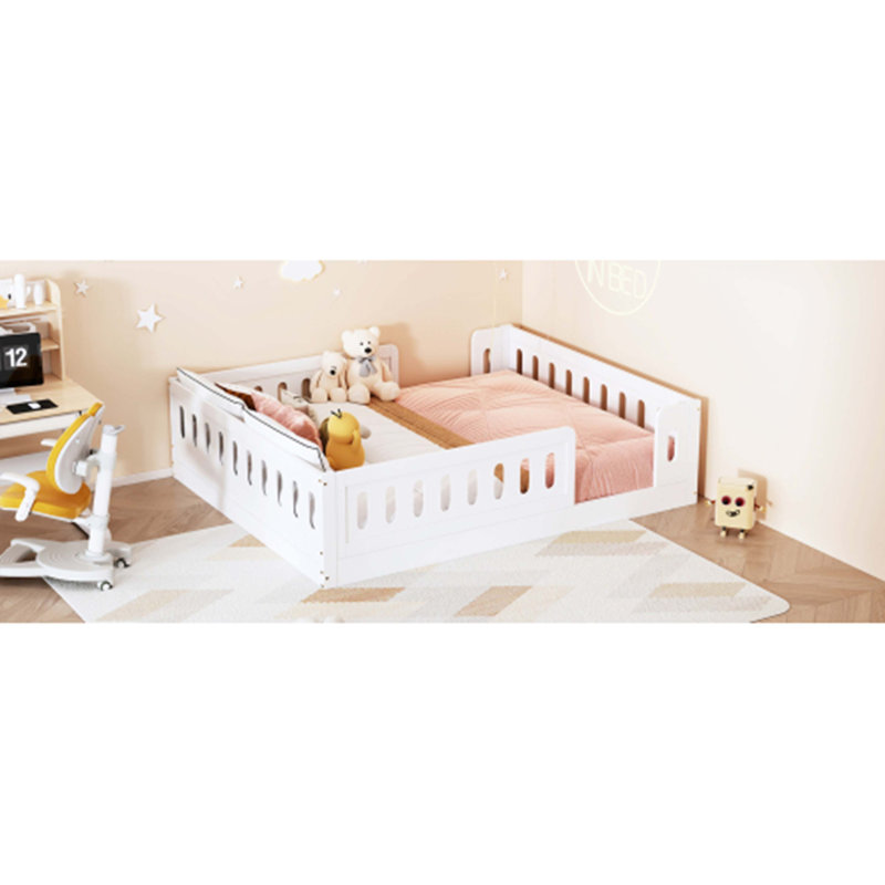 Lit plateforme double en bois avec garde-corps, Blanc