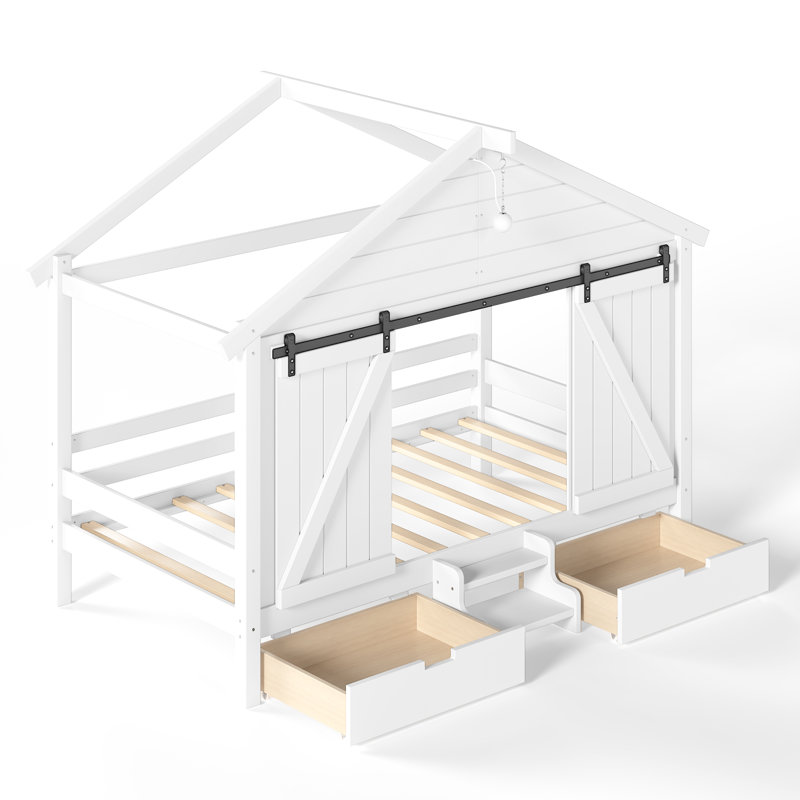 Cadre de lit simple de style maison de campagne avec porte de grange coulissante, ampoule, escaliers et tiroirs de rangement, blanc