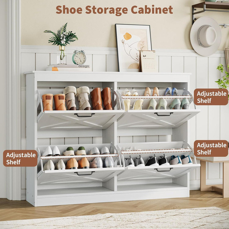 Shoe Storage Cabinet with 4 Flip Drawers, Hidden Wide Shoe Organizer for Entryway, White