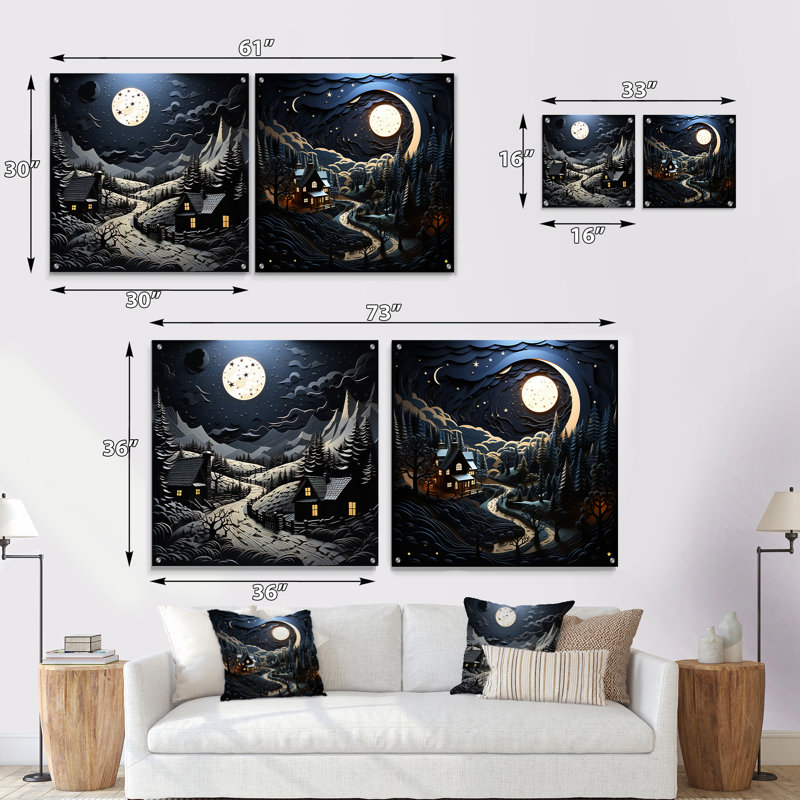 Paysage avec grange au clair de lune II - ensemble de 2 peintures murales en acrylique, H 16 po x l 33 po