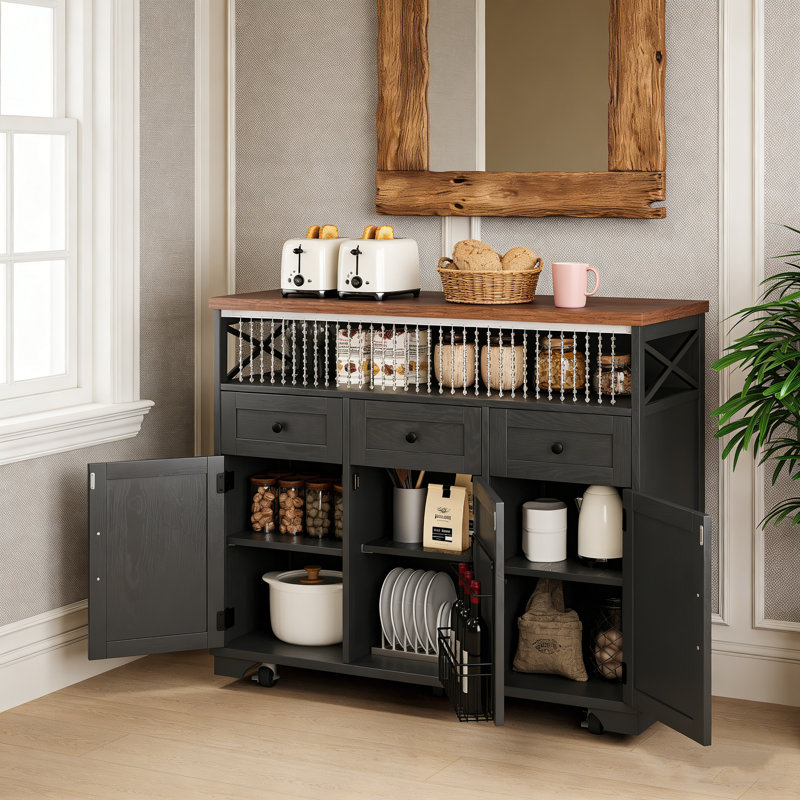 46.5'' Farmhouse Kitchen Island with Beaded Drape, Power Outlet, Drop Leaf, and Ample Storage on Lockable Wheels., Black