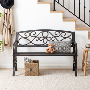 Outdoor Garden Bench, Iron Metal Frame Patio Park Bench with Floral Pattern Backrest, Arch Legs