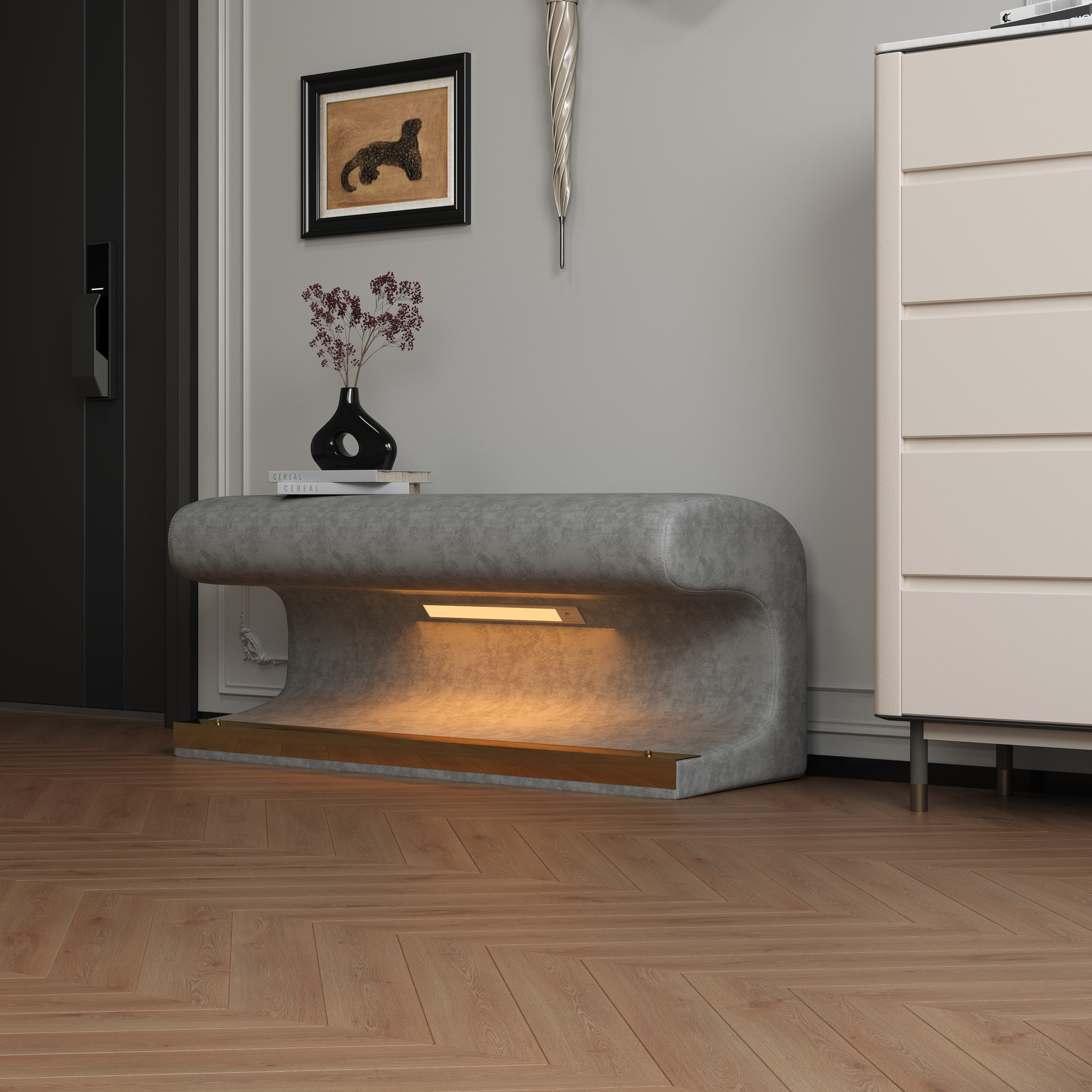 Grey Entry Bench Latitude Run® Sleek Leather Upholstered Entryway Bench With Energy Led ...