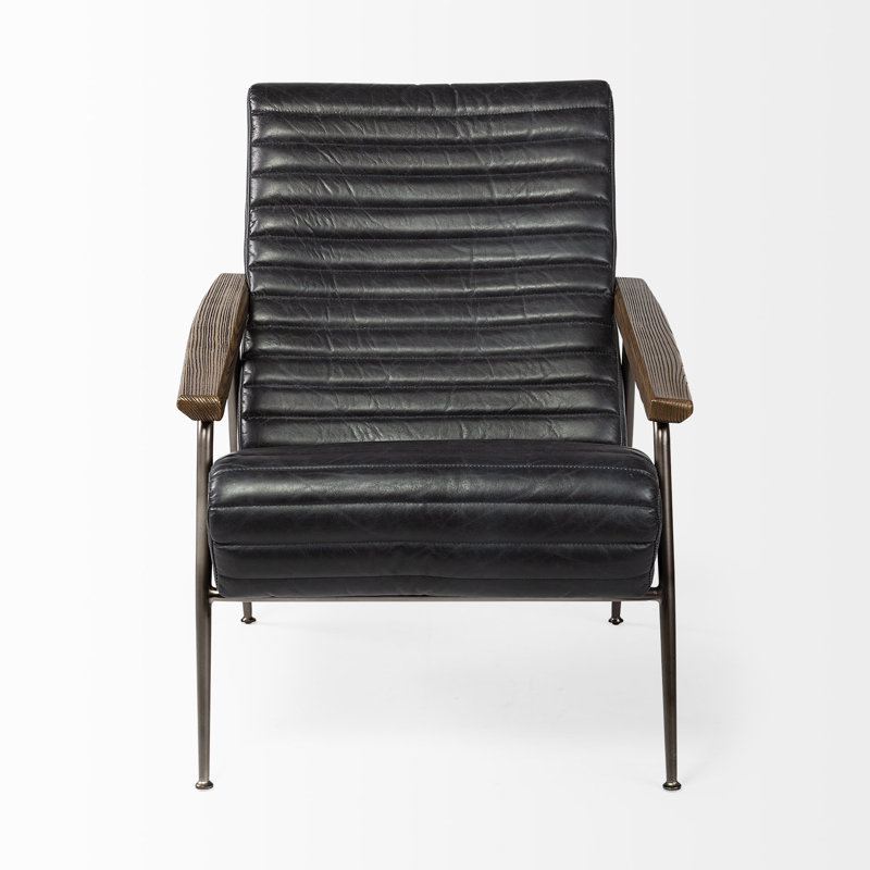 Fauteuil en cuir véritable capitonné de 93,98 cm de large, Cuir véritable noir
