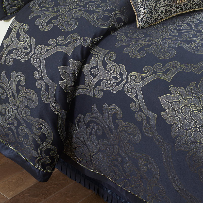 Navy and Gold Reversible Queen Comforter Set with Embroidery