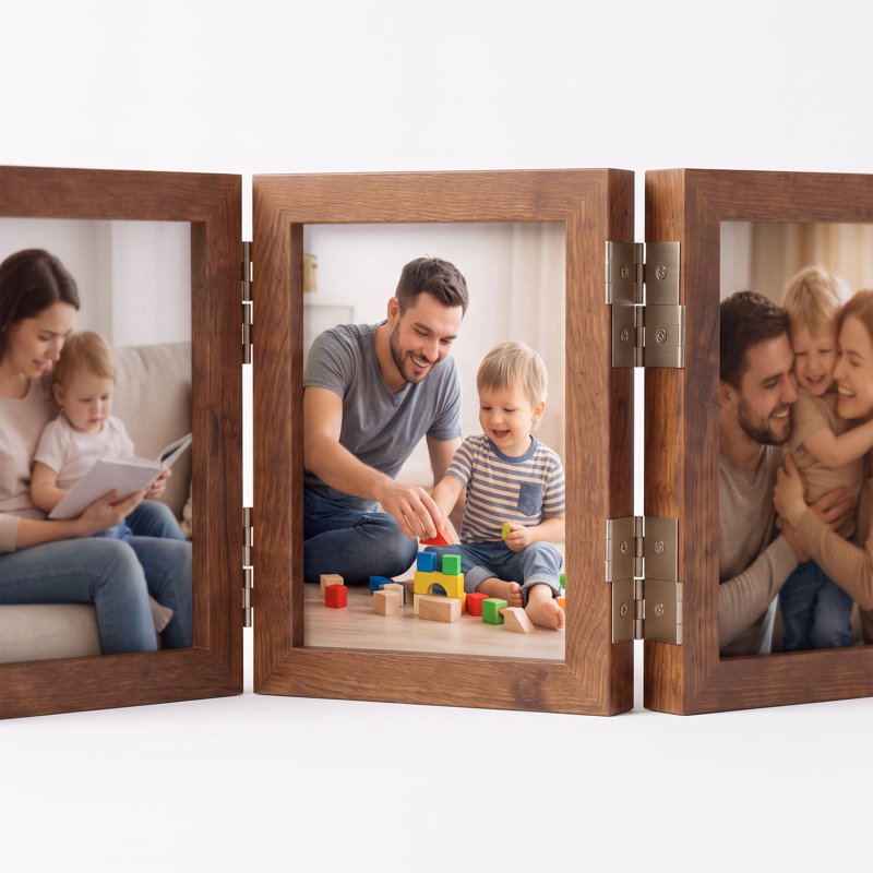 Cadre photo en bois à trois volets articulés, cadre photo pliable style livre, présentoir de table, 6.9" x 0.7" x 8.4"(W×D×H)