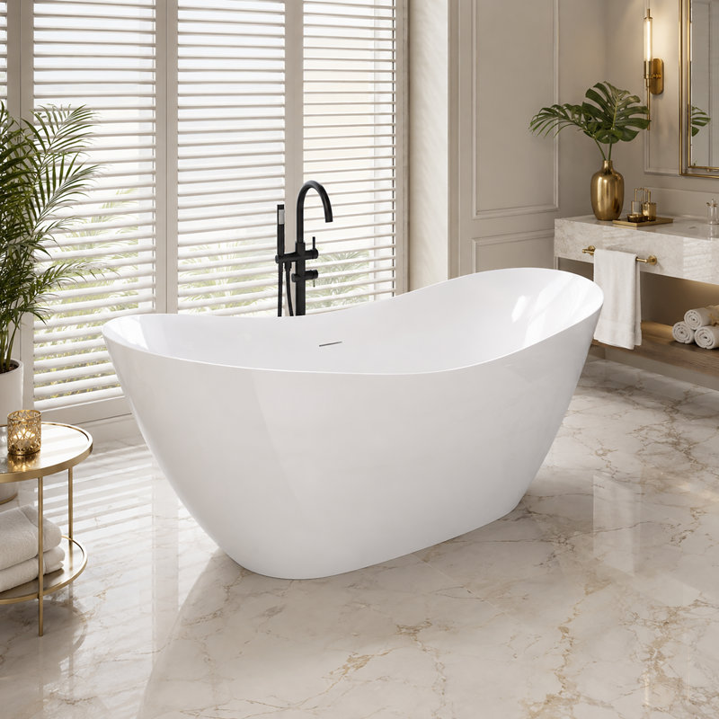 Baignoire autoportante 55 po en acrylique blanc brillant avec trop-plein encastré et drain central - Baignoire de trempage moderne à haut dossier
