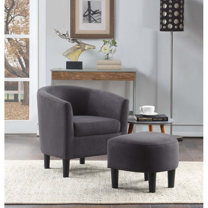 Anges Upholstered Barrel Chair with Ottoman, Dark Gray Microfiber