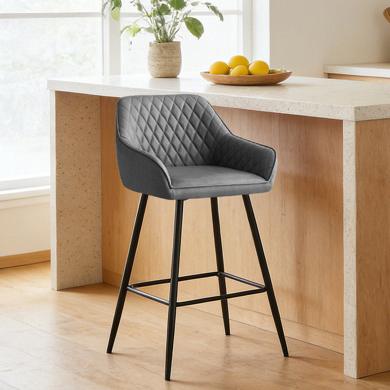 Faux Leather Upholstered Bar Stools with Armrests & Diamond Tufting   , Grey