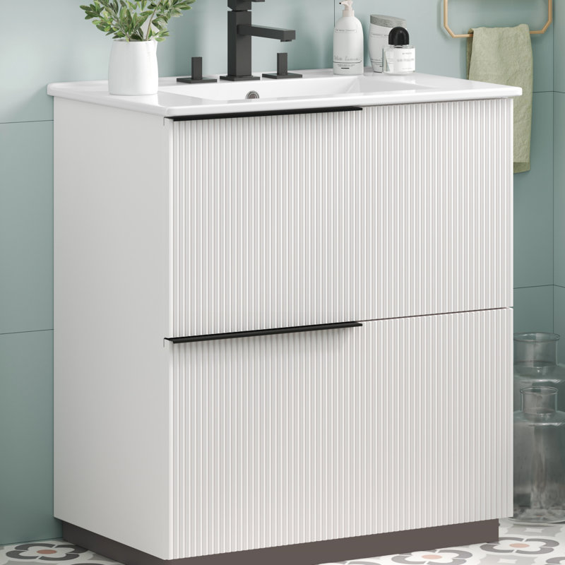 Meuble-lavabo de 30 po avec lavabo de haute qualité, conception cannelée et rangement optimal pour glissières de tiroir encastrées en céramique à fermeture en douceur