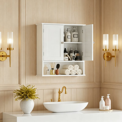 Bathroom Wall Cabinet with Door, Over Toilet Storage Cabinet with and Adjustable Shelves, 3-Tier Medicine Cabinet Wall Mounted, for Bathroom, Kitchen, Entryway, Laundry Room, White