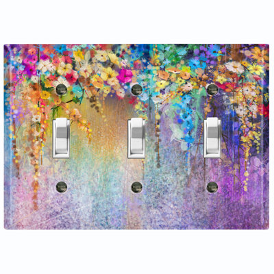 Colorful Flowers Purple Nature Themed 3 - Gang Toggle Light Switch Standard Wall Plate
