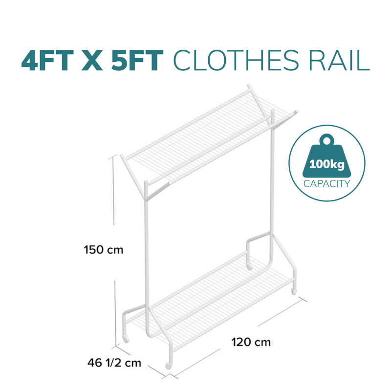 Clothing Rail Heavy Duty Hanging Clothes Shoe Hat Rack Shelves With Wheels, 150cm H x 120cm L x 46.5cm D