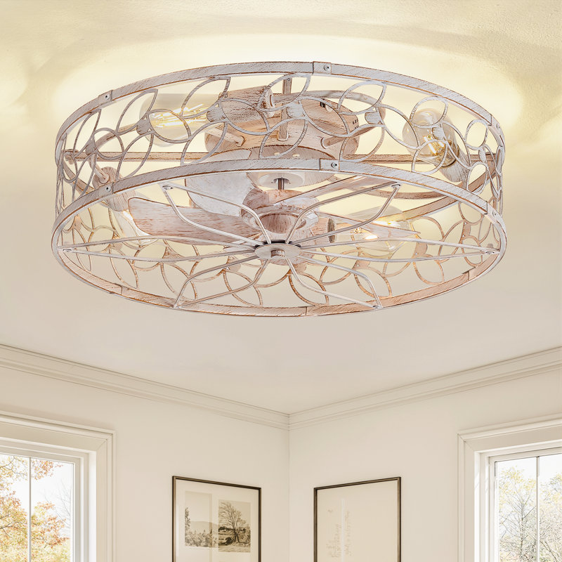 Cissline 23" White & Gold Flush Mount Farmhouse Caged Ceiling Fan with Light Kit and Remote Control for Bedroom/Living Room/Kitchen/Dinning Room