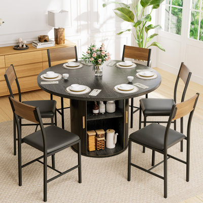 6 Person 47" Round Table Dining Set With Chairs, Storage Shelf