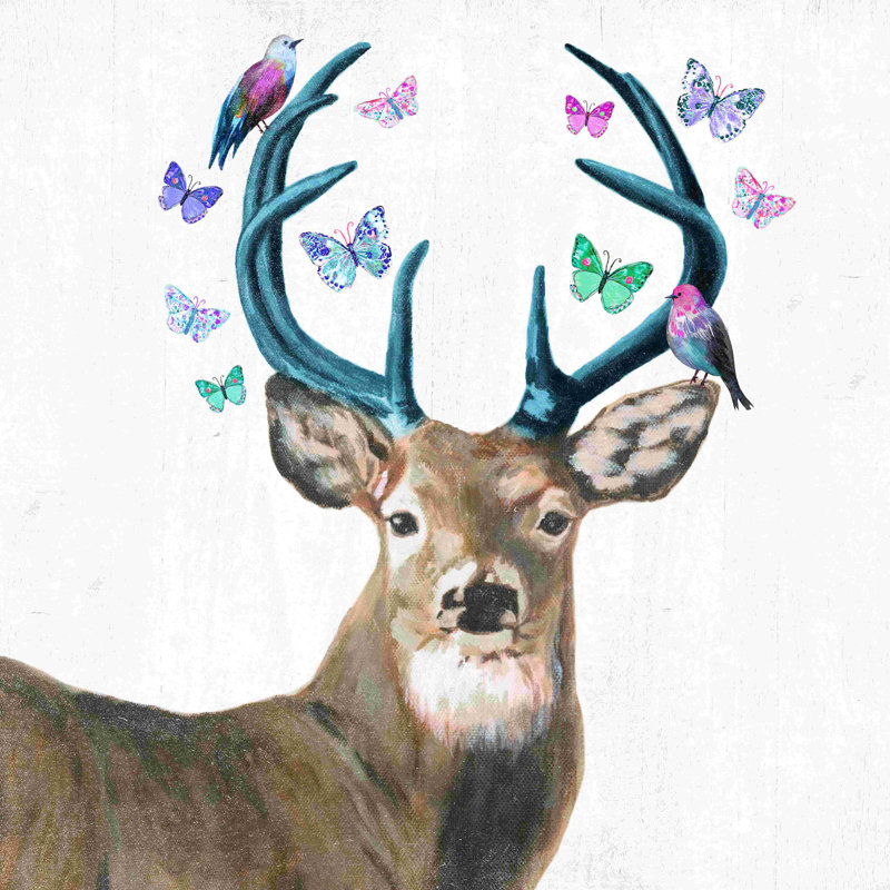 Cerf avec papillons et oiseaux sur bois - peinture sur toile tendue, H 12 po x l 12 po