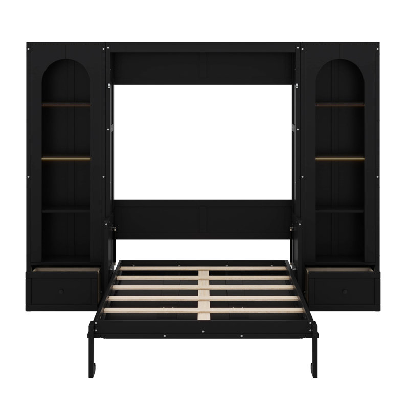 Grand lit plateforme escamotable avec tablette, armoires latérales, tiroirs et DEL, Noir