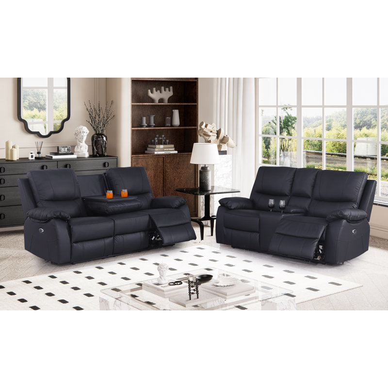 Llanas 2 Piece Pillow Top Arm Genuine Leather Recliner Loveseat + Sofa, Cup Holders, Black Genuine Leather