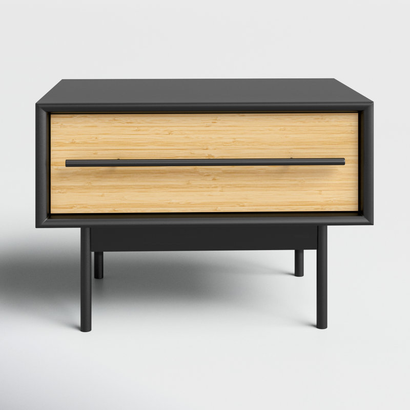 Black and Natural Bamboo 1-Drawer Nightstand with Metal Handle