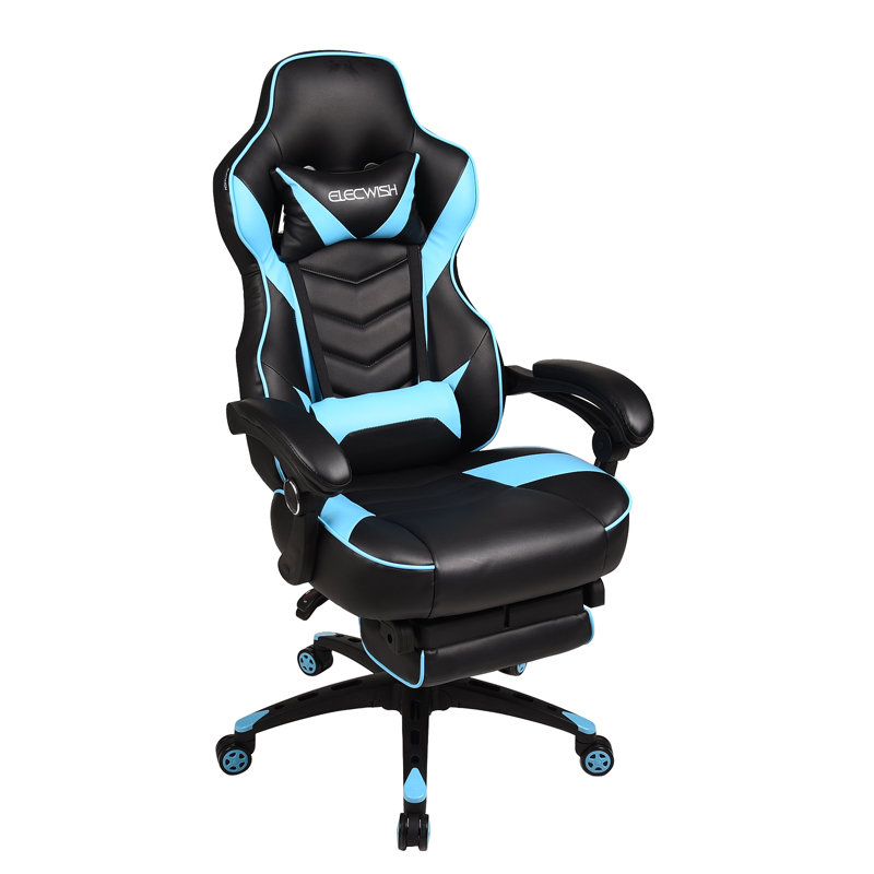 RAYS Reclining Ergonomic Faux Leather Swiveling PC & Racing Game Chair with Footrest, Sky Blue