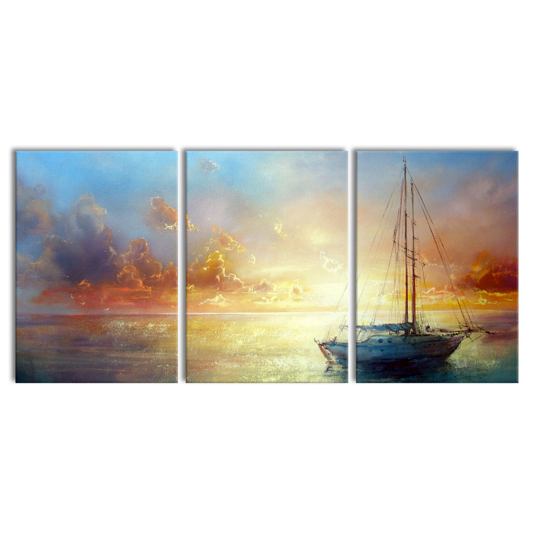 Beautiful Painting of a Boat Graphic 3 Piece Photographic Print on Canvas Set