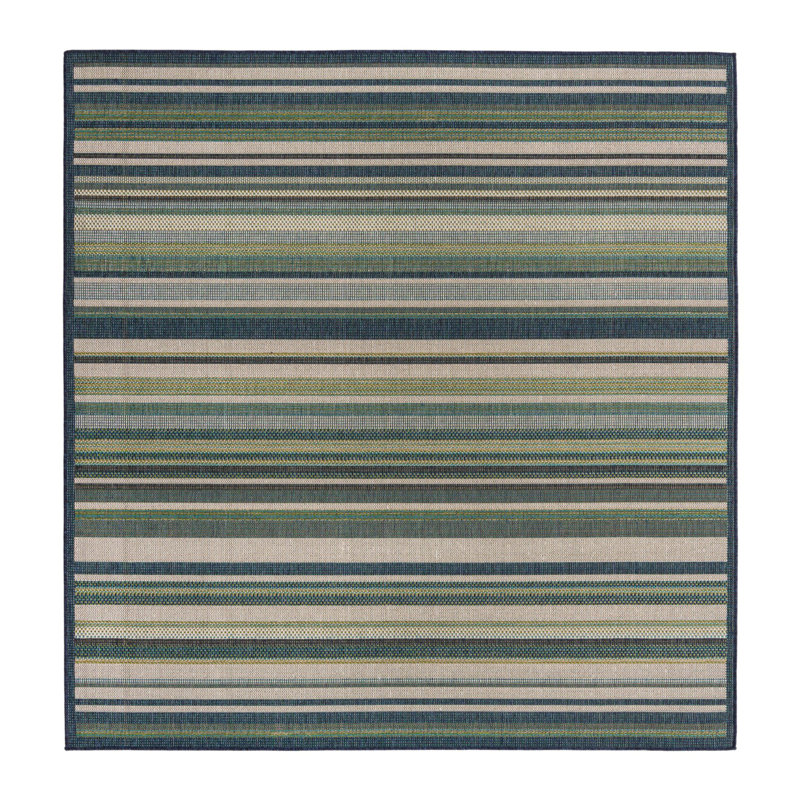 Tapis rayé vert / bleu intérieur / extérieur Tavon, Carré 5 pi 3 po