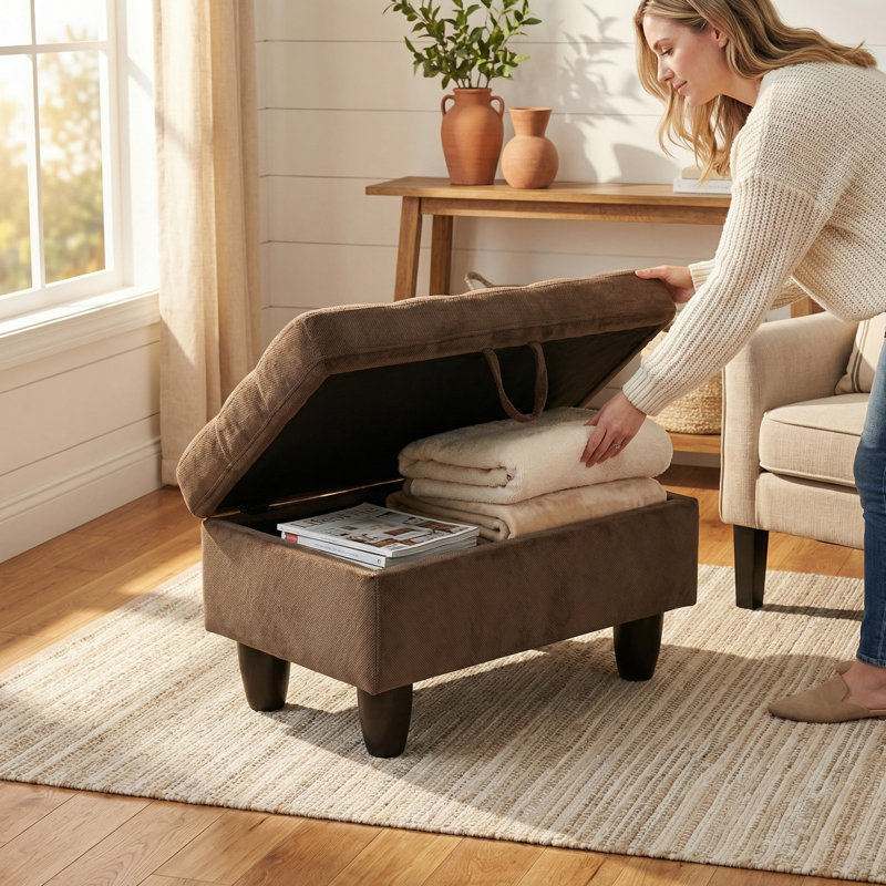 Brown Storage Ottoman | X-stitched Design | Non-pilling Fabric | Solid Wood Frame