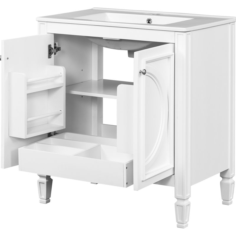 Meuble-lavabo autoportant de 60 po avec lavabo double, structure en bois massif, panneau, trop-plein en céramique, style rétro, tablettes réglables, planches, design rétro, tablettes