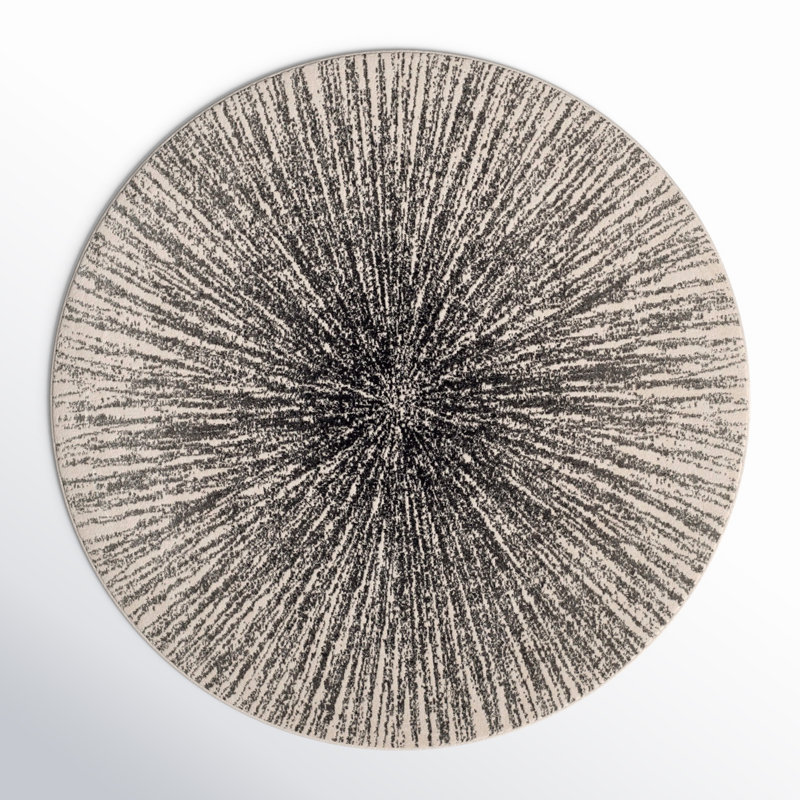 Tapis noir et ivoire à motif abstrait, Rond 6 pi 7 po