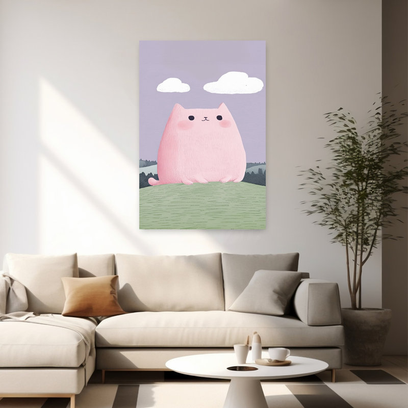 Pink Cat On Hill Peaceful Whimsical Abstract Cat Nature Landscape Wall Art Print 1 Piece Wrapped Canvas Wall Art